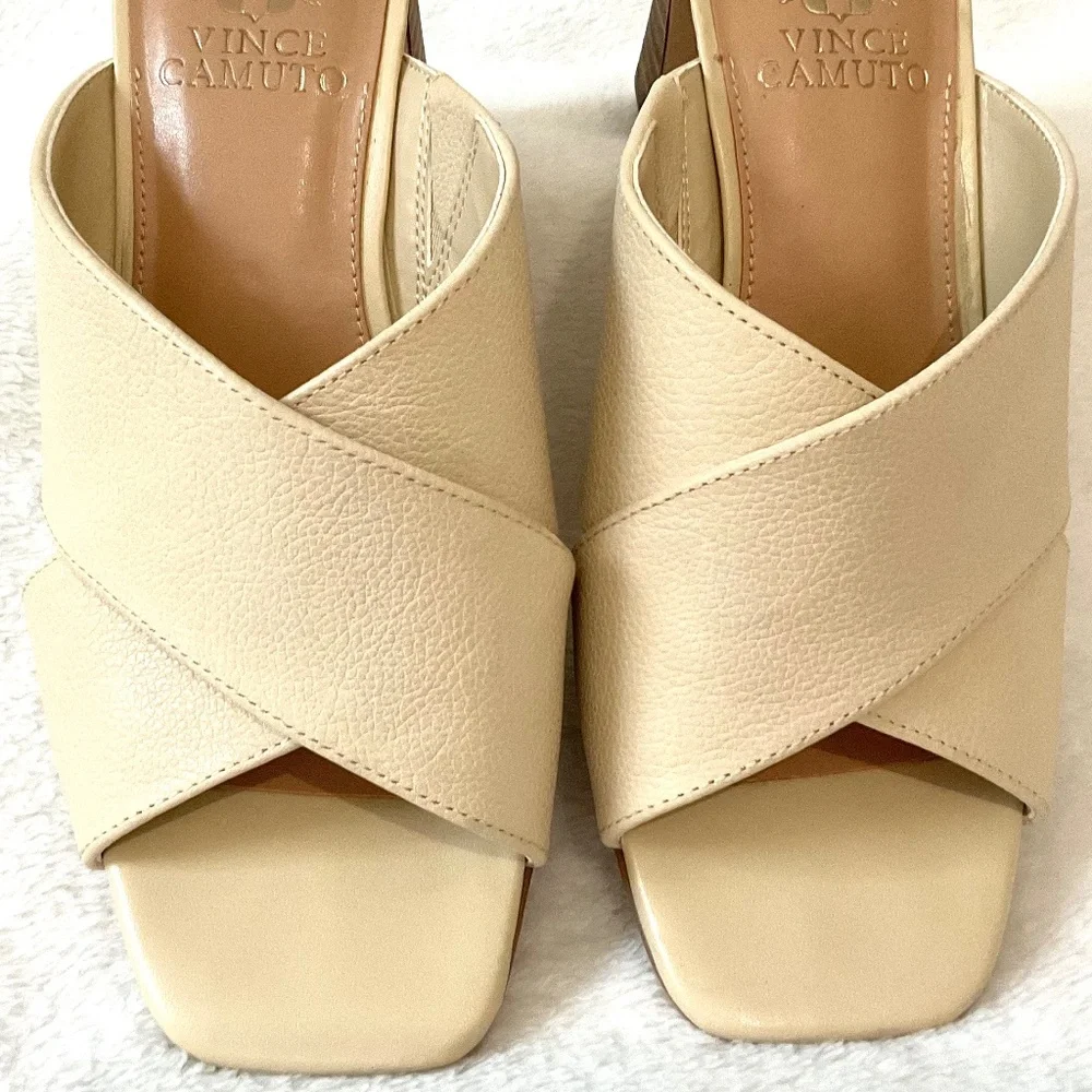 TAN VINCE CAMUTO HEMILA LEATHER CROSSOVER SLIP ON BLOCK HEEL SANDAL SZ 7.5M/38